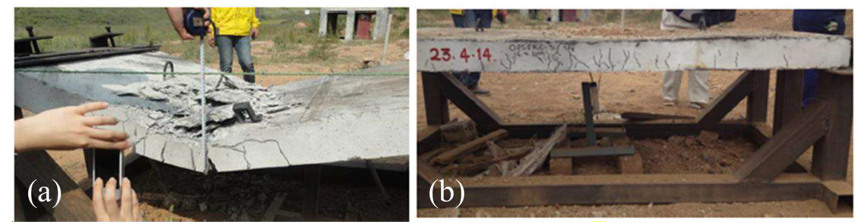 Figure 7: (a) normal concrete and (b) oil palm shell fibre-reinforced concrete slabs after 10kg blast loading [27]