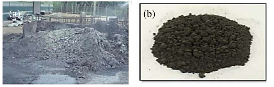 Figure 3: (a) Palm oil fuel ash (POFA) from factory; (b) ground POFA [15]