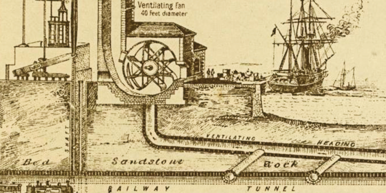 Section showing relative position of railway tunnel, drainage and ventilation headings