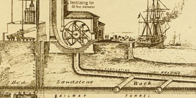   Section showing relative position of railway tunnel, drainage and ventilation headings