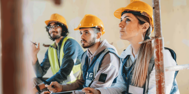 Three people are listening to their foreman on a construction-Image credit-iStock-1465962688