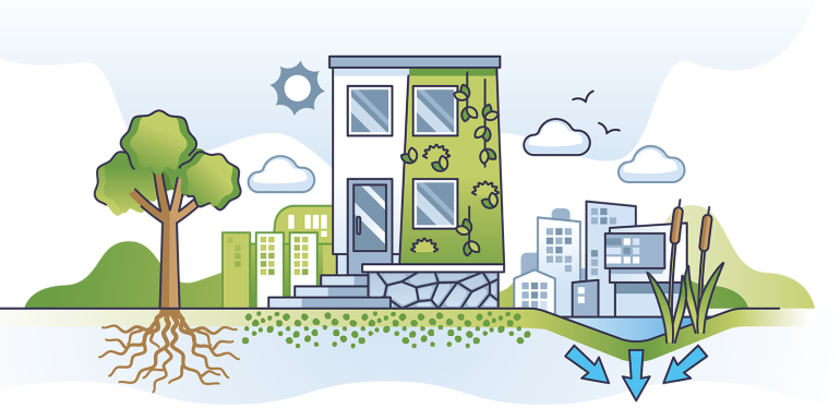 Eco friendly housing as ecological efficient green houses outline concept.credit-shutterstock-2374017441