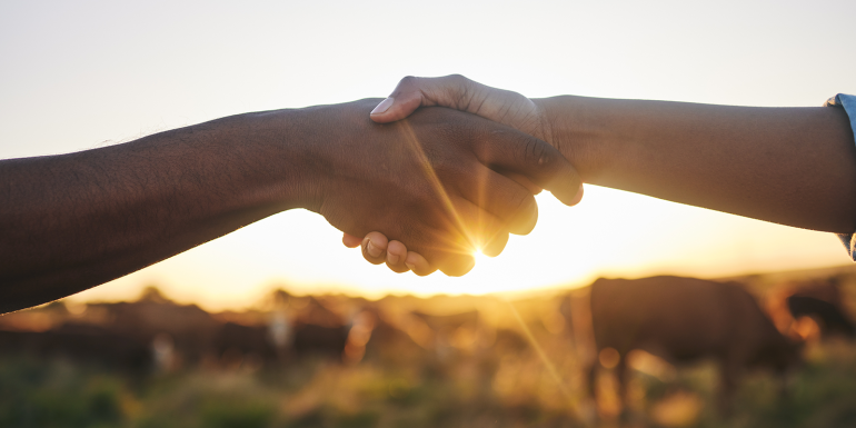 Welcome, handshake and people with b2b farm deal for agriculture, partnership or small business support.CREDIT_shutterstock_2346232375