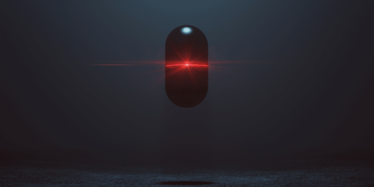 Futuristic alien capsule with glowing lens. Credit_istock-1070519658.