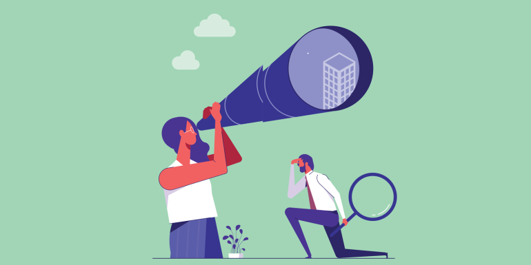 woman with telescope man with magnifying glass_CREDIT_shutterstock_2136810177
