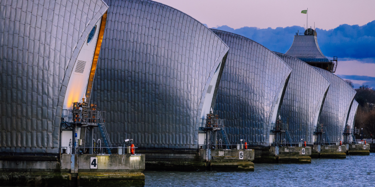 river structures designed to protect London from flooding - at sunset.stock-1473702497