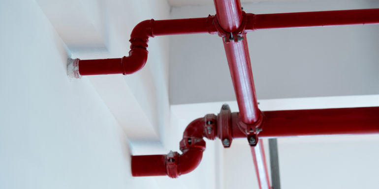 Red pipes on the ceiling.credit_istock-2175889477