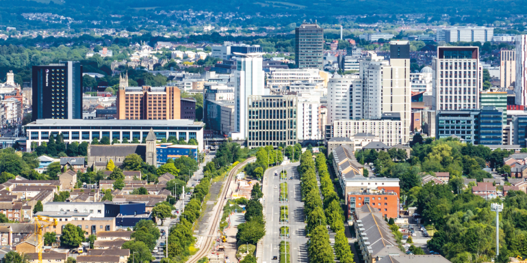 aerial shot of cardiff city uk. CREDIT istock-2157342107