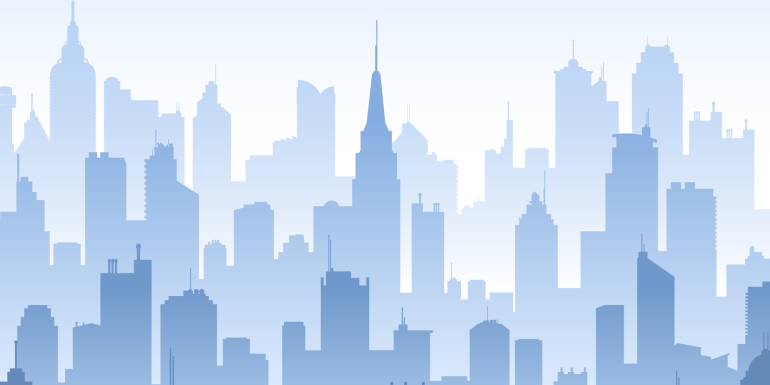 Blue high detail vector background composed of lots of illustrations of generic buildings and skyscrapers.CREDIT_shutterstock_455824924