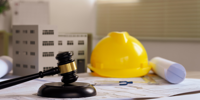 Judge gavel on building blueprint plans with a yellow safety helmet in the background.CREDIT_Thewsila_shutterstock_2506756787