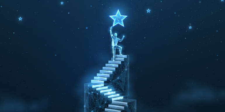 Man on the top of stair and star.CREDIT_shutterstock_2469687741