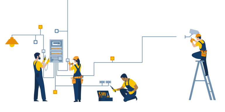 Electricians repair electrical wiring in a home and install motion and temperature sensors to manage energy in the home