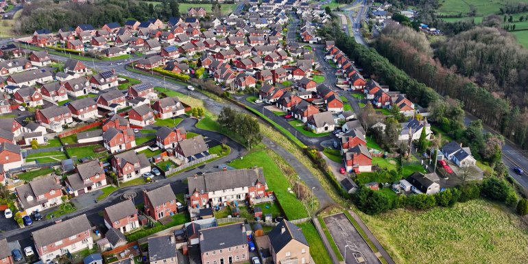 Aerial photo of Residential homes in Millbrook Larne Town Co Antrim Northern Ireland.Image credit | Shutterstock