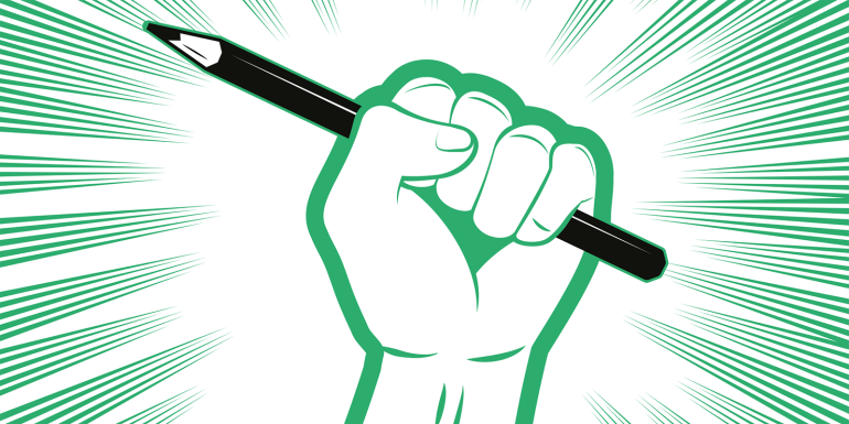 One strong fist holding a pencil .CREDIT_istock-1414891715
