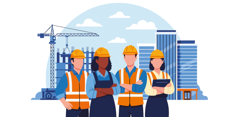 Diverse construction team standing proudly at completed project site, flat vector illustration.Image credit | Shutterstock