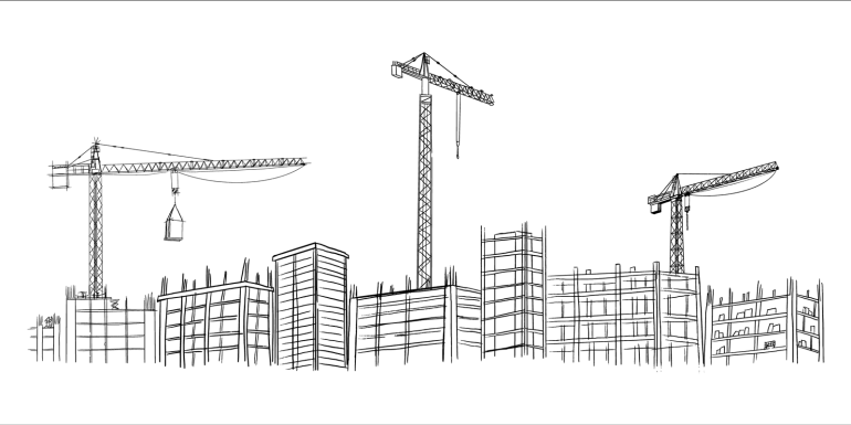 Construction cranes and buildings sketch illustration. CREDIT_shutterstock_2666375417