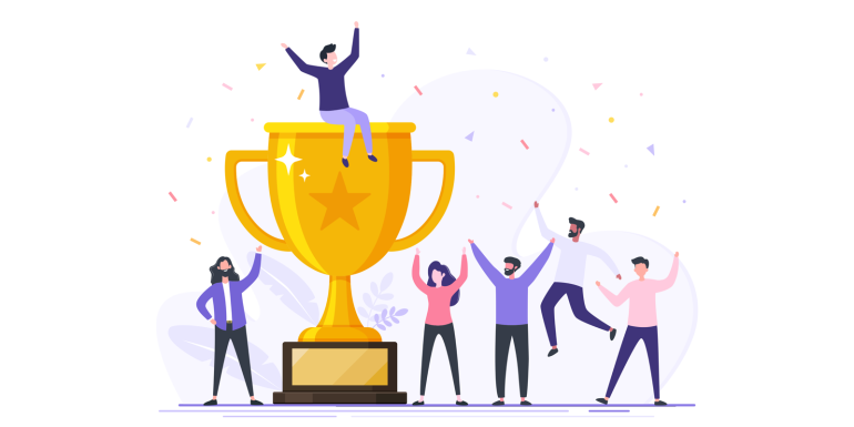 Successful teamwork people with golden trophy cup award, Team celebrating victory, Symbol of victory, Triumph reward, Employee team with prize, Winning business team concept flat vector illustration. Image credit | Shutterstock