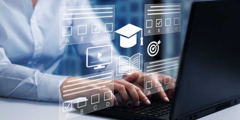  E-learning, education, online exam concept. Choose correct answer. Education internet online digital technology concept.  CREDIT_Parkova_shutterstock_2428751369       
