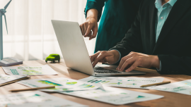 Eco business company meeting with group of business people using laptop to plan strategy .Credit - shutterstock -2366995301