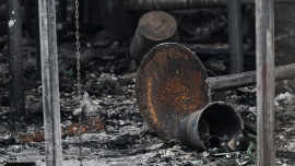 Charred furniture and debris inside the Pulse nightclub in Macedonia in March 2025