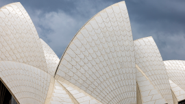 Sydney Opera House with iconic sail-like roofs.CREDIT_istock-1484231980
