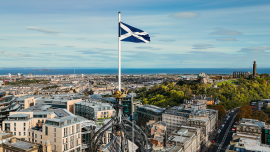 Aerial view of Edinburgh old town, aerial view of the scottish flag in Edinburgh
