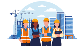 Diverse construction team standing proudly at completed project site, flat vector illustration.Image credit | Shutterstock