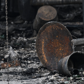 Charred furniture and debris inside the Pulse nightclub in Macedonia in March 2025