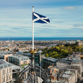 Aerial view of Edinburgh old town, aerial view of the scottish flag in Edinburgh