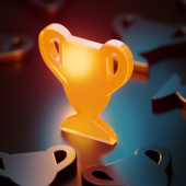 Trophy symbol glowing amid black trophy symbols.credit_istock-1503369669